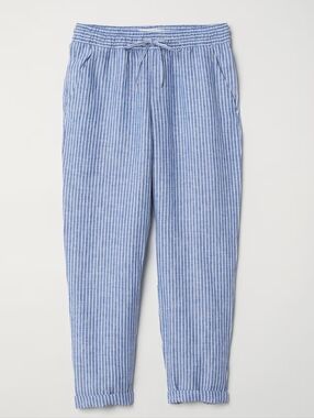 H&M Blue and White Striped Drawstring Linen Pants Small Women's